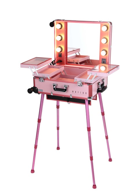 Makeup Box Cosmetic Train Stand Case With Trolley And Lights Pink Medium