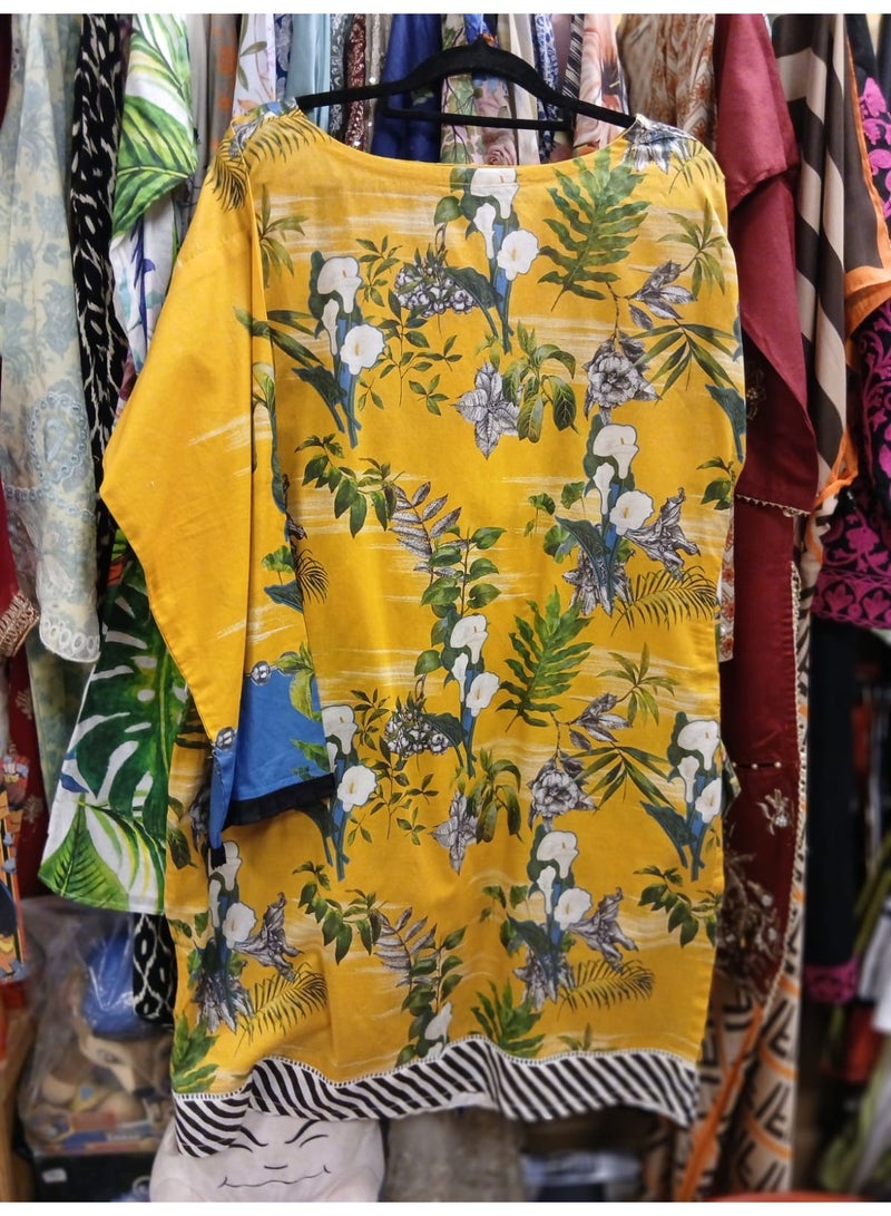 Women's Yellow Floral Print Tunic Top, Viscose Lawn Fabric, Relaxed Fit - Image 2