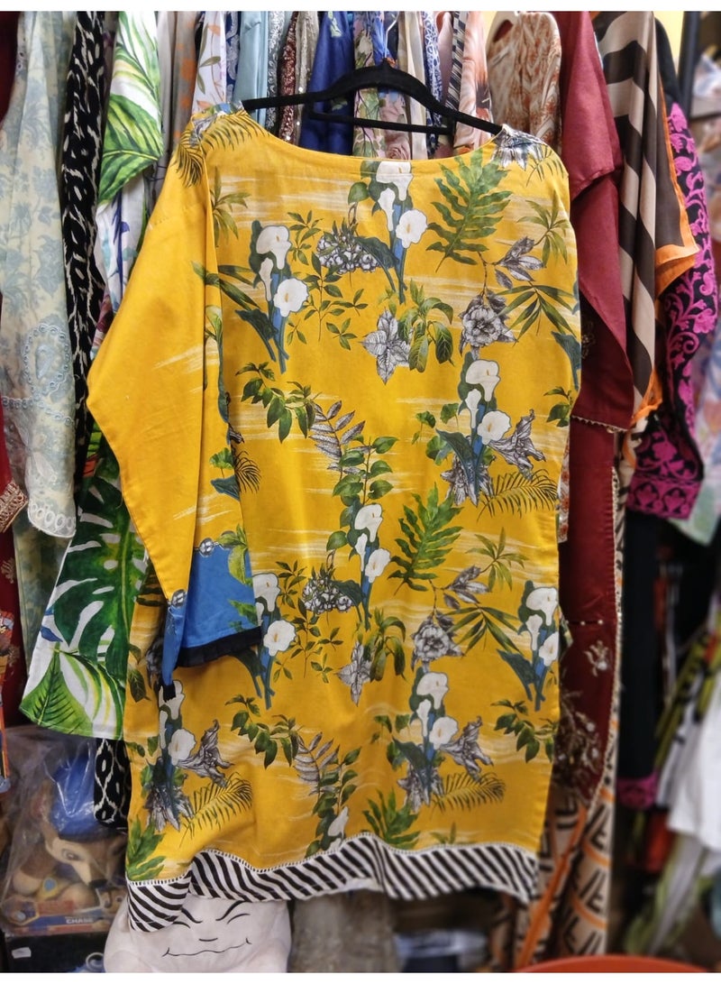 Women's Yellow Floral Print Tunic Top, Viscose Lawn Fabric, Relaxed Fit - Image 1