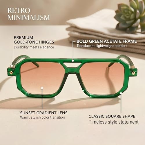 GLARDEFE Retro Aviator Sunglasses for Women Men - Trendy Square Sun Glasses(Green/Gradient Orange) - Image 3