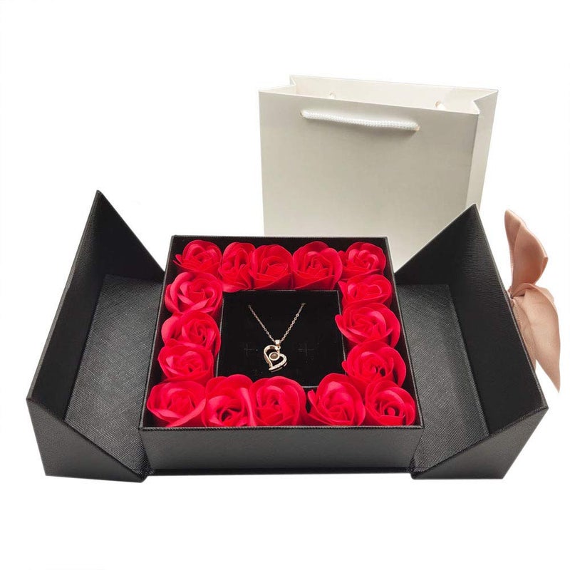BRINGSMART Eternal Roses Gift Box with Design Necklace 100 Languages Love You Birthday Gifts for Her Women Wife Mom Girlfriend on Mothers Day Valentines Day ChristmasBlack Heart