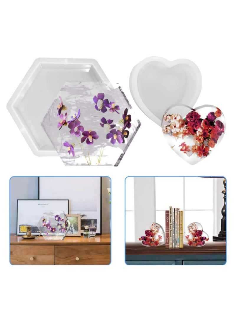 2PCS Large Hexagon Heart Silicone Resin Molds Deep Epoxy Resin Mold for Bookends Preserved Flowers Wedding Decor DIY Craft Specimens Reusable & Flexible - Image 1