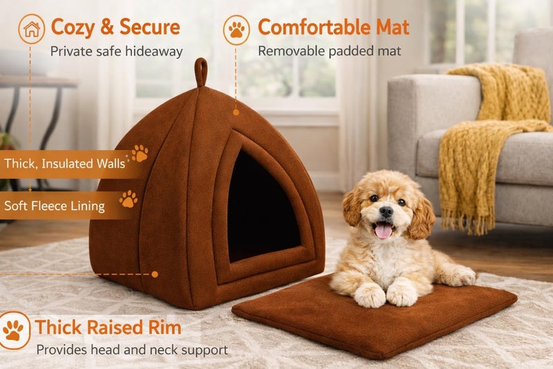 ZEXSAZONE Premium Summer Soft Velvet Pet Hut House | for Cats, Kittens and Small Dogs Puppey | with Reversible Cushion | Washable Cozy and Comfortable | Small | 40 x 40 x 42 cm & Coffee Color - Image 4