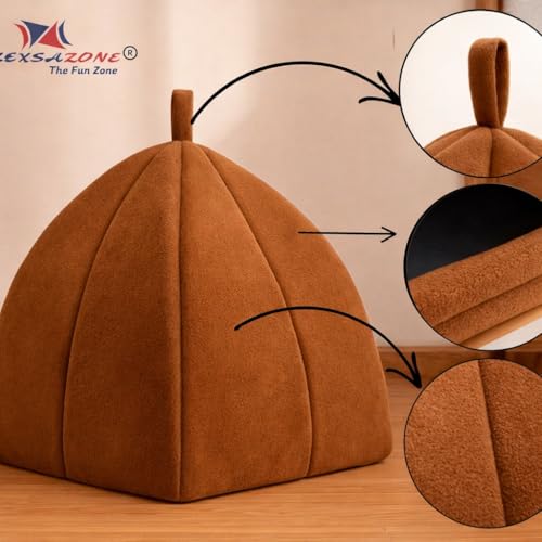 ZEXSAZONE Premium Summer Soft Velvet Pet Hut House | for Cats, Kittens and Small Dogs Puppey | with Reversible Cushion | Washable Cozy and Comfortable | Small | 40 x 40 x 42 cm & Coffee Color - Image 3