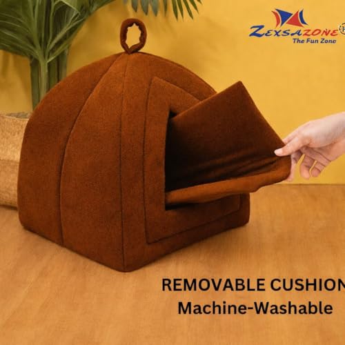 ZEXSAZONE Premium Summer Soft Velvet Pet Hut House | for Cats, Kittens and Small Dogs Puppey | with Reversible Cushion | Washable Cozy and Comfortable | Small | 40 x 40 x 42 cm & Coffee Color - Image 5