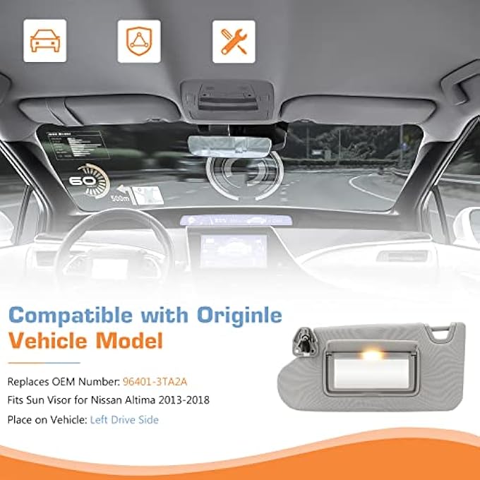 Hurotoms Left Driver Side Sun Visor Gray with Light and Vanity Mirror,Without Sunroof for Nissan Altima 2013 2014 2015 2016 2017 2018,Replacement 96401-3TA2A - Image 3