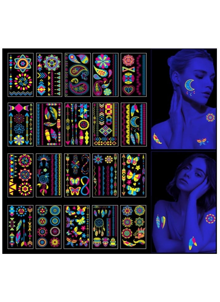 OASIS-TH Neon Temporary Tattoos 20 Large Sheets Glitter Styles Flower Mandala Butterfly Feather Glow In The UV Neon Tattoos Stickers Fake Waterproof Tattoos for Adults Kids Party Decoration  - Image 1