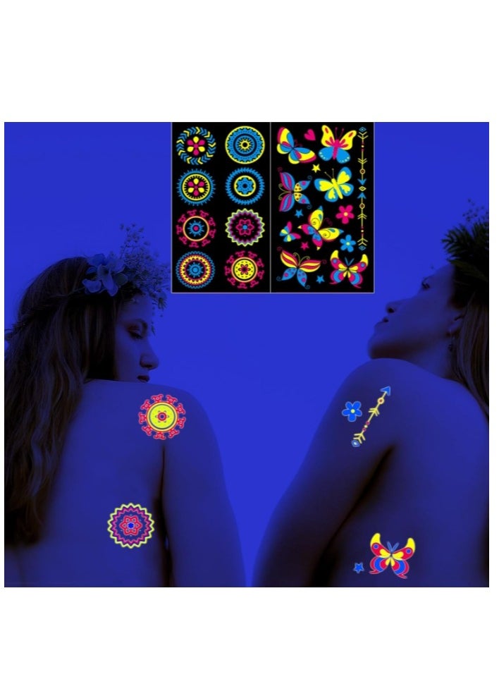 OASIS-TH Neon Temporary Tattoos 20 Large Sheets Glitter Styles Flower Mandala Butterfly Feather Glow In The UV Neon Tattoos Stickers Fake Waterproof Tattoos for Adults Kids Party Decoration  - Image 3