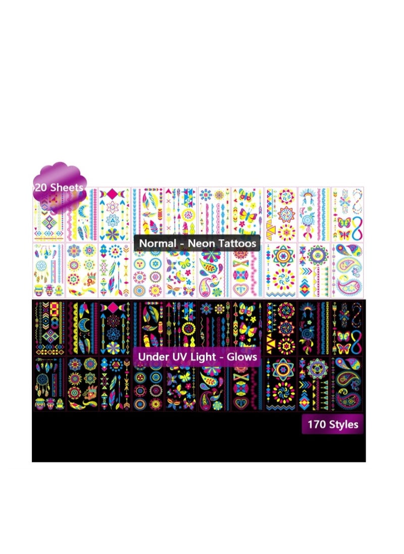 OASIS-TH Neon Temporary Tattoos 20 Large Sheets Glitter Styles Flower Mandala Butterfly Feather Glow In The UV Neon Tattoos Stickers Fake Waterproof Tattoos for Adults Kids Party Decoration  - Image 5