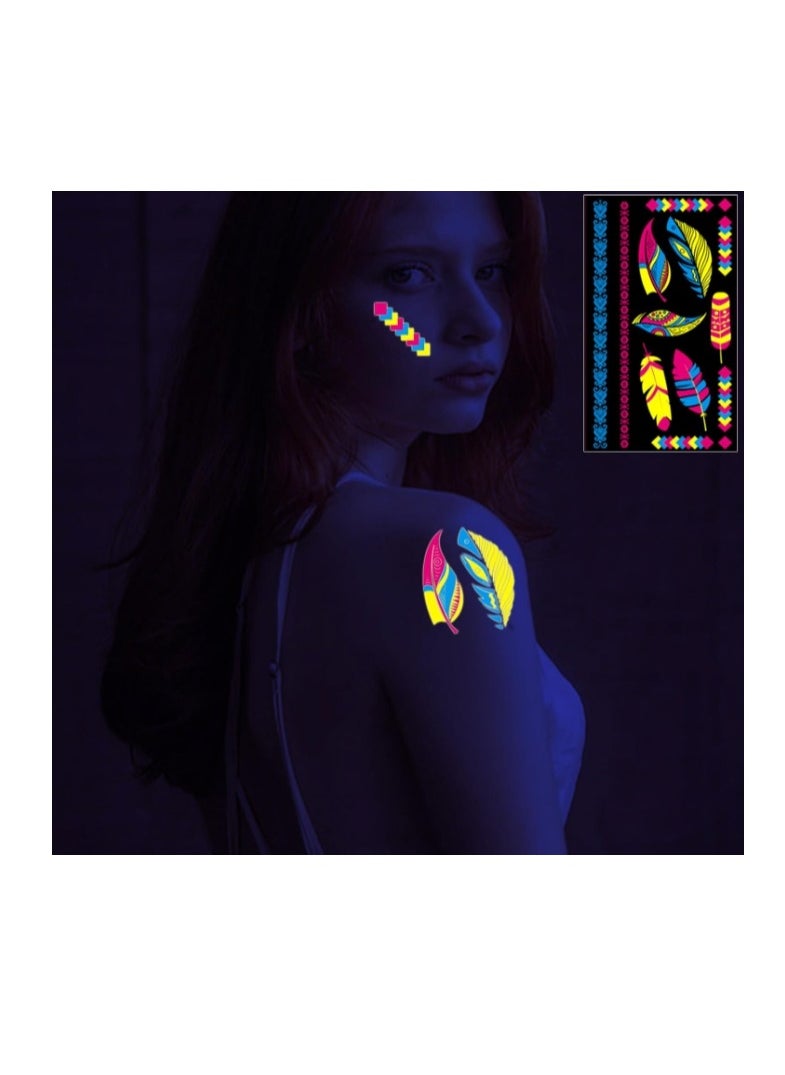 OASIS-TH Neon Temporary Tattoos 20 Large Sheets Glitter Styles Flower Mandala Butterfly Feather Glow In The UV Neon Tattoos Stickers Fake Waterproof Tattoos for Adults Kids Party Decoration  - Image 4