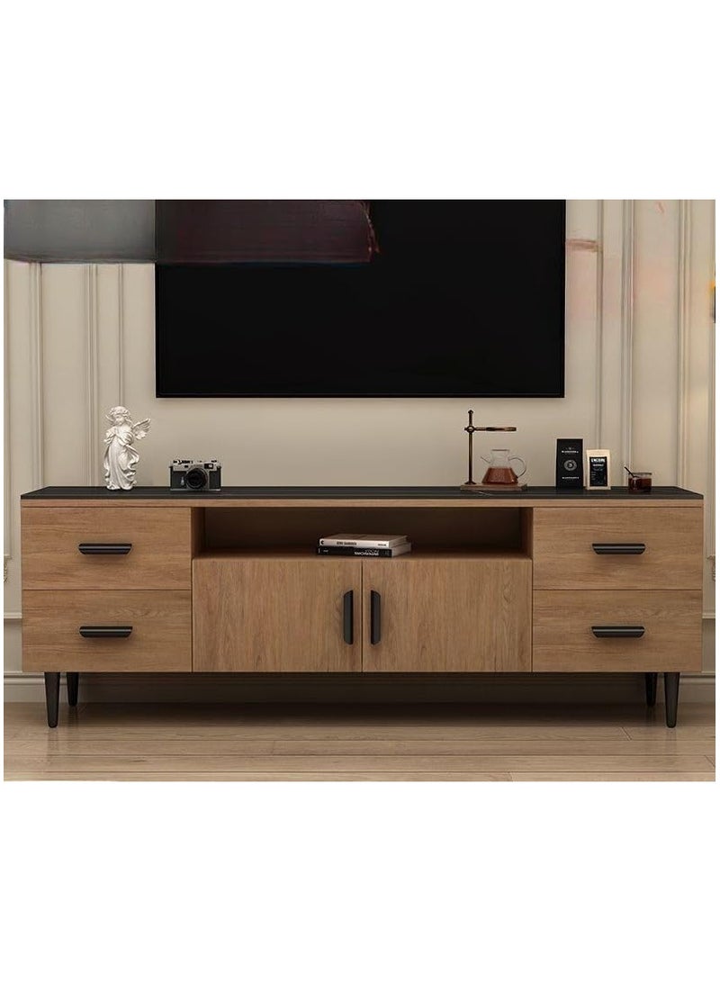 AWD Wooden TV Stand Entertainment Center Unit, 200cm Wide TV Console Cabinet, Brown Wood with Black Top, 4 Drawers Open Shelf Compartment 