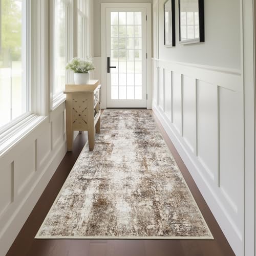 Capslpad 2x8 Brown Abstract Hallway Runner, Ultra Soft Fabric Washable Runner Rug, Non-Slip Rubber Backing, Stain Resistant Low Pile Runners for Hallways, Kitchen, Entryway, Bedroom, Laundry - Image 1