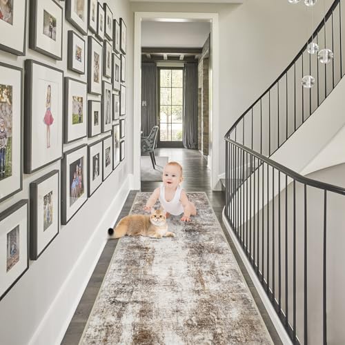 Capslpad 2x8 Brown Abstract Hallway Runner, Ultra Soft Fabric Washable Runner Rug, Non-Slip Rubber Backing, Stain Resistant Low Pile Runners for Hallways, Kitchen, Entryway, Bedroom, Laundry - Image 4