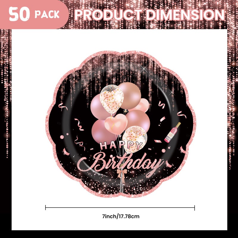 LDFDRT 7inch Rose Happy Birthday Paper Plates 50 pcs Party Decorations Pink Cake Dessert Plates Disposable Dinnerware Tableware for Birthday Party Supplies - Image 4