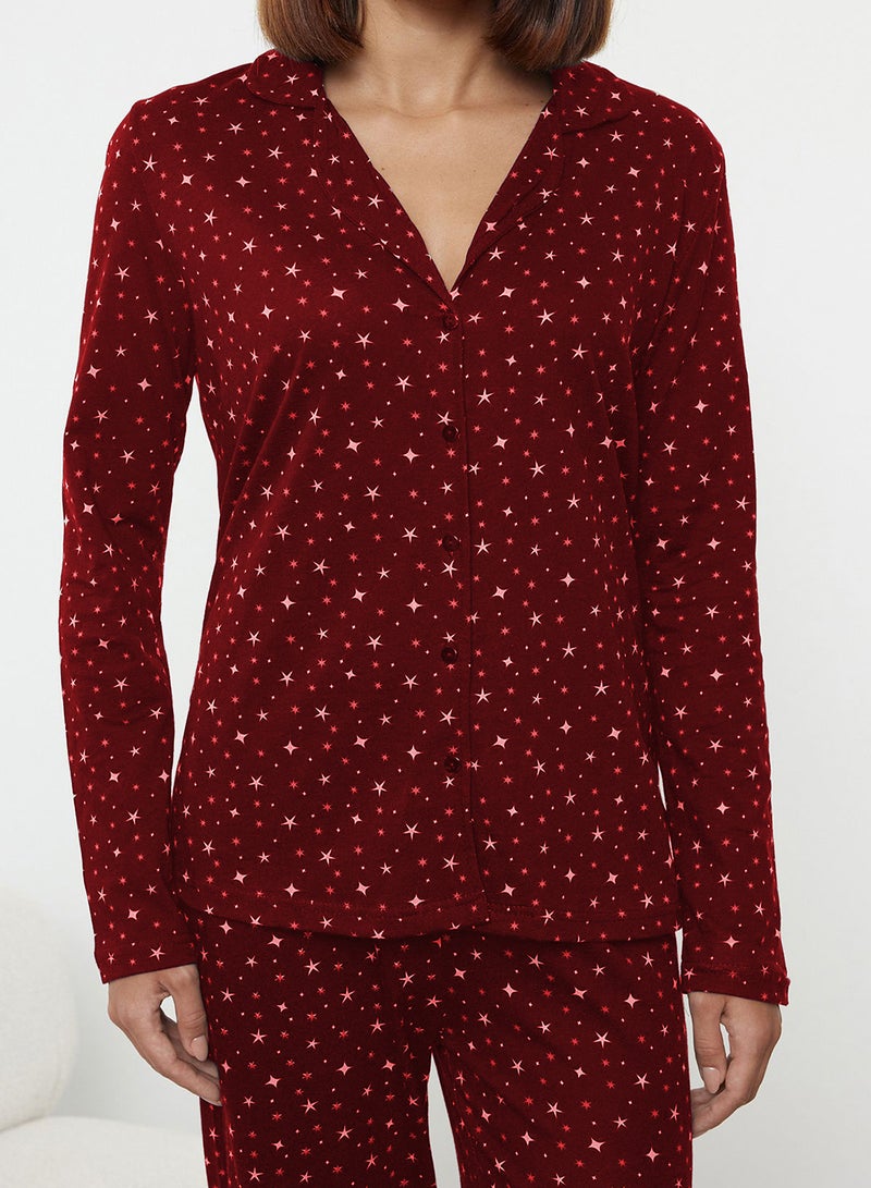 trendyol Burgundy 100% Cotton Galaxy Print Knitted Pajamas Set - Image 3