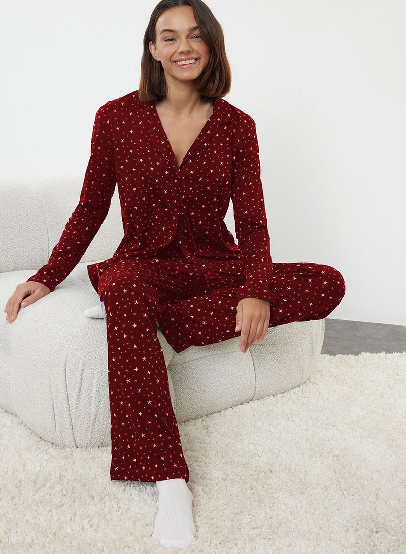 trendyol Burgundy 100% Cotton Galaxy Print Knitted Pajamas Set - Image 2