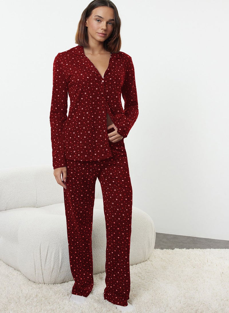 trendyol Burgundy 100% Cotton Galaxy Print Knitted Pajamas Set - Image 1