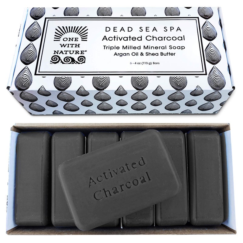 One With Nature Activated Charcoal Soap 4oz 6-Pack Gift Box â€“ Detoxifying and Exfoliating Charcoal Soap Bar with Dead Sea Salt for Face & Body, for Men & Women - Image 1