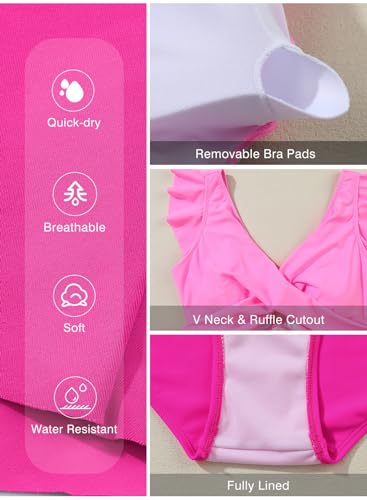 Aleumdr Women Cutout One Piece Skirt Swimsuit V Neck Wrap Swimdress Tummy Control Bathing Suit Pink Color Block Large - Image 5