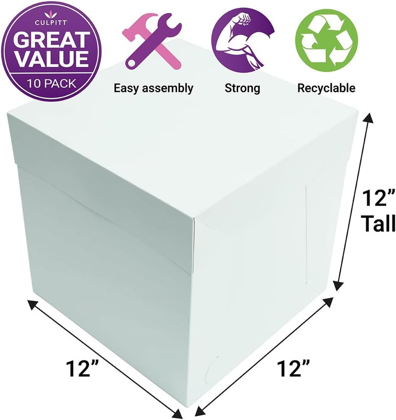 Culpitt 12" White Tall Cake Boxes, Pack Of 10, 304 X 304 X 304mm (12 X 12 X 12''), Ideal for Transporting Wedding Cakes, Extra High Cake Boxes - Image 2