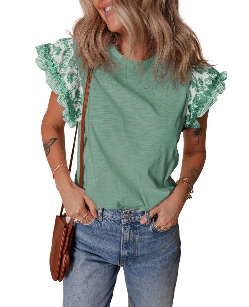SELINK Womens Summer Ruffle Short Sleeve Top Crewneck T Shirts Floral Trim Casual Blouses Green-M - Image 1