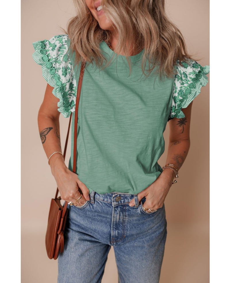SELINK Womens Summer Ruffle Short Sleeve Top Crewneck T Shirts Floral Trim Casual Blouses Green-M - Image 2