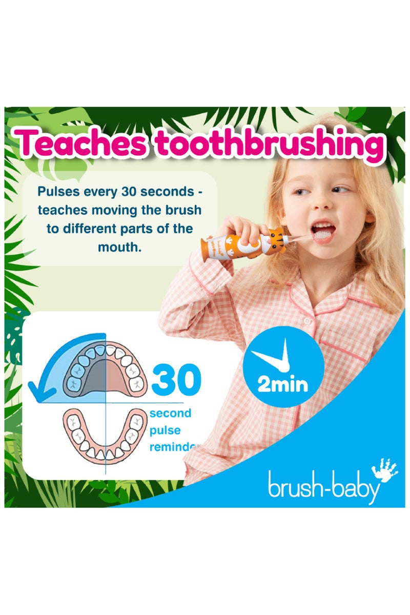 برش بيبي فرشاة أسنان كهربائية قابلة للشحن للأطفال من وايلد ونس بتصميم نمر ممتع – شحن USB، 3 رؤوس فرشاة، ضوء وامض، مناسبة من عمر 0-10 سنوات – برتقالي - Image 3