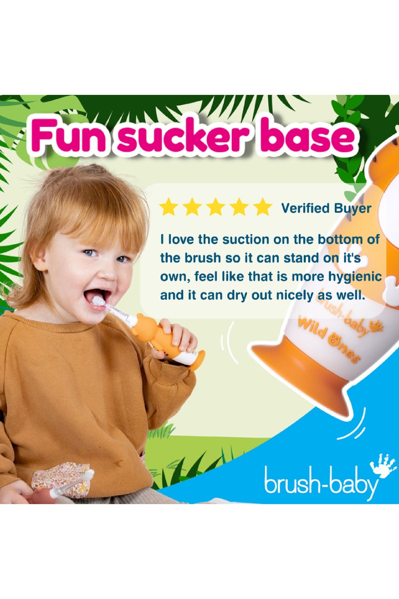 برش بيبي فرشاة أسنان كهربائية قابلة للشحن للأطفال من وايلد ونس بتصميم نمر ممتع – شحن USB، 3 رؤوس فرشاة، ضوء وامض، مناسبة من عمر 0-10 سنوات – برتقالي - Image 2