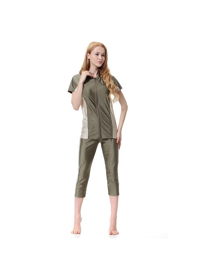 Women's 2-piece Conservative Bukini Comfortable Zipper Long Sleeved Shorts Swimsuit set, Quick Drying Surfing suit, Beach Pool Vacation, Water park - Image 3