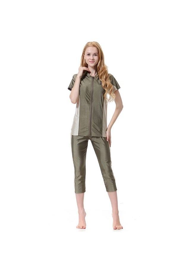 Women's 2-piece Conservative Bukini Comfortable Zipper Long Sleeved Shorts Swimsuit set, Quick Drying Surfing suit, Beach Pool Vacation, Water park - Image 1