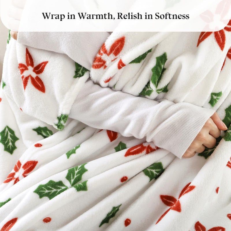 USERF Christmas Throw Blankets Throw Size Red Floral Green Leaves Thick Warm Winter Xmas Fleece Blanket for Couch Sofa Bed Home D?cor  Luxury Soft Cozy Plush Fuzzy Microfiber Flannel Blanket  50x60 inches - Image 3