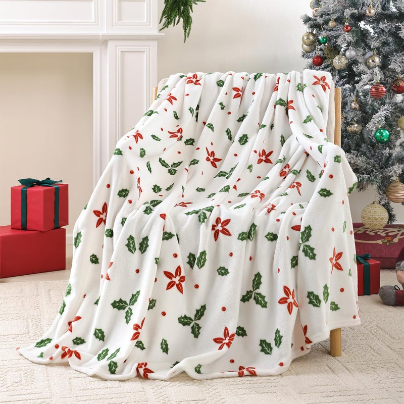 USERF Christmas Throw Blankets Throw Size Red Floral Green Leaves Thick Warm Winter Xmas Fleece Blanket for Couch Sofa Bed Home D?cor  Luxury Soft Cozy Plush Fuzzy Microfiber Flannel Blanket  50x60 inches - Image 1