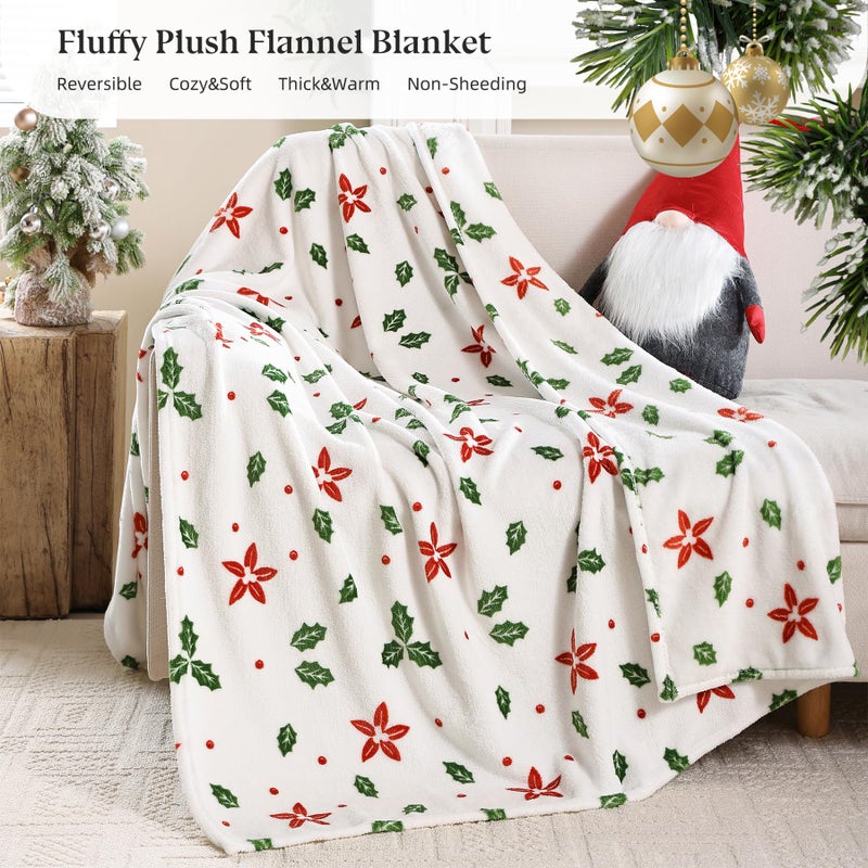 USERF Christmas Throw Blankets Throw Size Red Floral Green Leaves Thick Warm Winter Xmas Fleece Blanket for Couch Sofa Bed Home D?cor  Luxury Soft Cozy Plush Fuzzy Microfiber Flannel Blanket  50x60 inches - Image 2