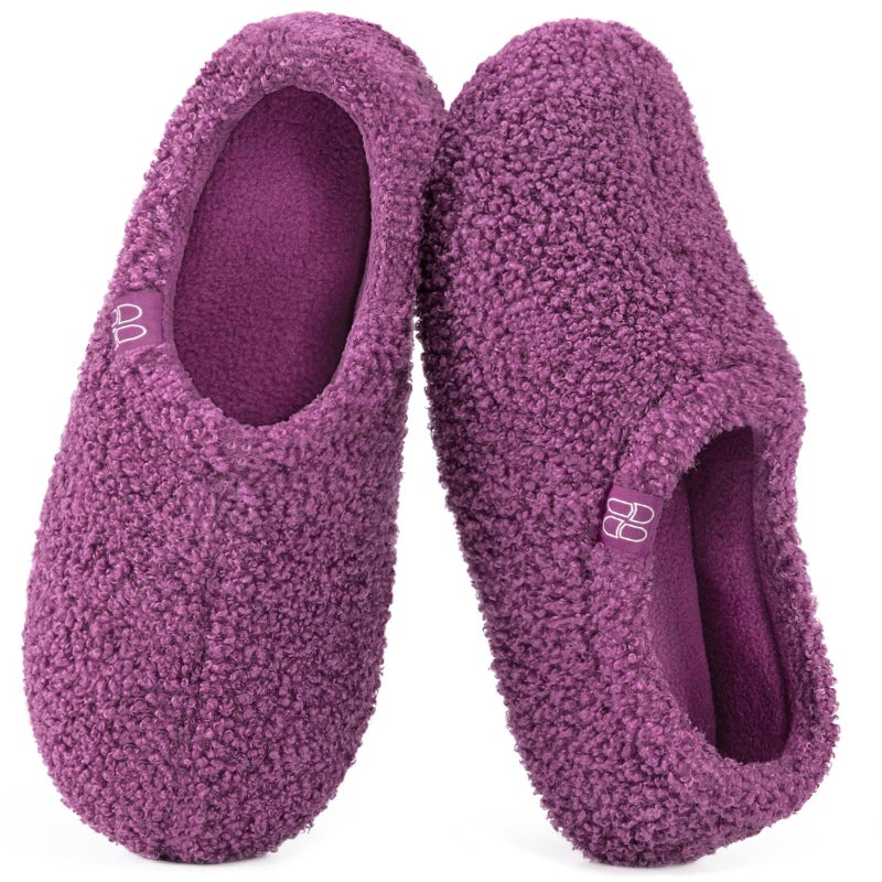 HomeTop Women's Fuzzy Curly Fur Memory Foam Loafer Slippers Bedroom House Shoes with Polar Fleece Lining (9-10, Purple) - Image 1