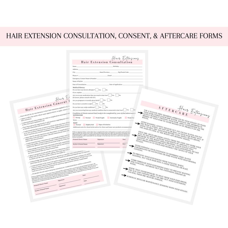 Hair Extensions Consultation Consent and Aftercare Form 75 Pack 85 x 11 A1 Forms Client Forms Bundle Hair Extension Supplies White and Pink Design