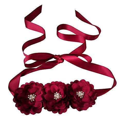 Oyabridal Flower Girl Sash Belt for Dresses Bride/Bridesmaid Sash Belts Flower Pearls Sashes for Wedding Dress (Burgundy) - Image 1