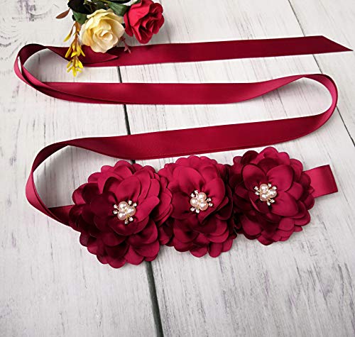 Oyabridal Flower Girl Sash Belt for Dresses Bride/Bridesmaid Sash Belts Flower Pearls Sashes for Wedding Dress (Burgundy) - Image 5