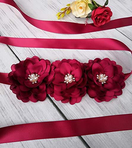 Oyabridal Flower Girl Sash Belt for Dresses Bride/Bridesmaid Sash Belts Flower Pearls Sashes for Wedding Dress (Burgundy) - Image 3