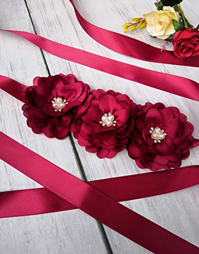 Oyabridal Flower Girl Sash Belt for Dresses Bride/Bridesmaid Sash Belts Flower Pearls Sashes for Wedding Dress (Burgundy) - Image 4