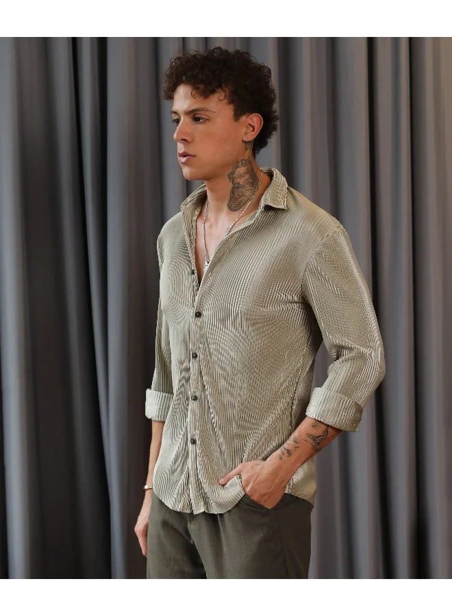 CAHOOT Green Men's Sage Green Pleat-Creased Shirt For Casual Wear | Spread Collar | Long Sleeve | Button Closure | Shirt Crafted With Comfort Fit For Everyday Wear for Men | Best Price UAE