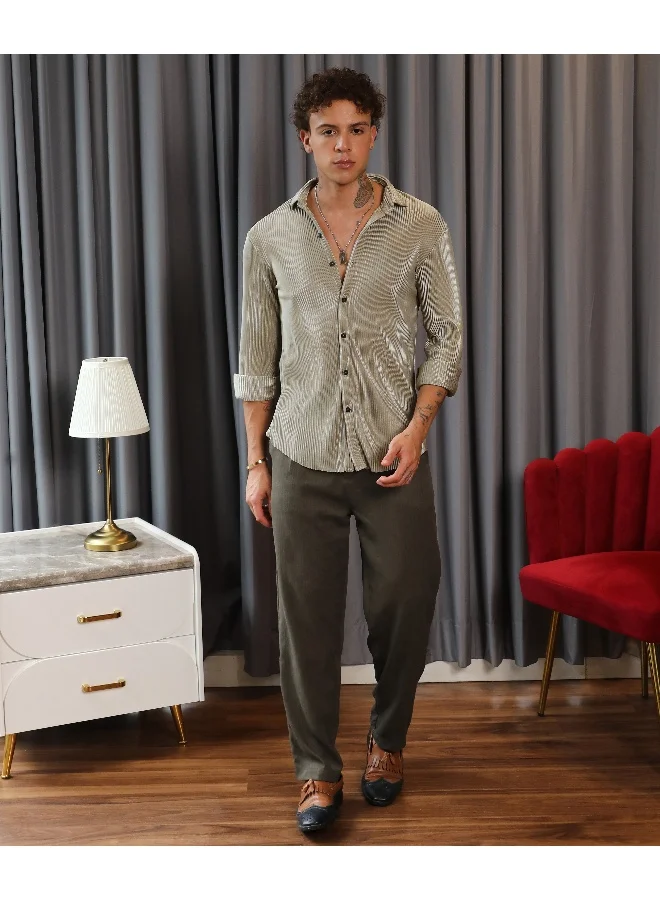 CAHOOT Green Men's Sage Green Pleat-Creased Shirt For Casual Wear | Spread Collar | Long Sleeve | Button Closure | Shirt Crafted With Comfort Fit For Everyday Wear for Men | Best Price UAE