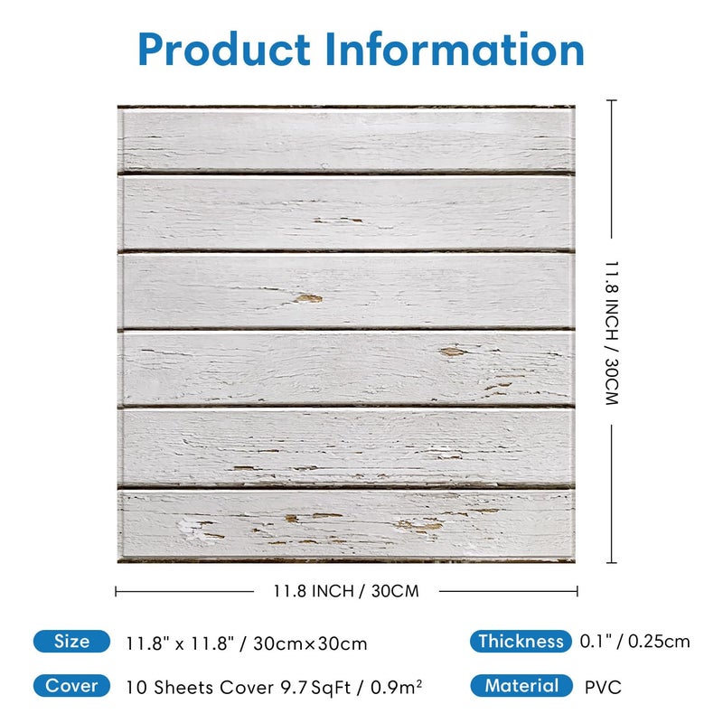 COMSTICKC Peel and Stick Faux Wood Wall Panels Shiplap Wall Sticker, 10 Pcs of 12" x 12", Ultra-Light Thin PVC 3D Fake Wood Adhesive Wall Covering Wallpaper Interior Decor, Vintage White Grain - Image 5