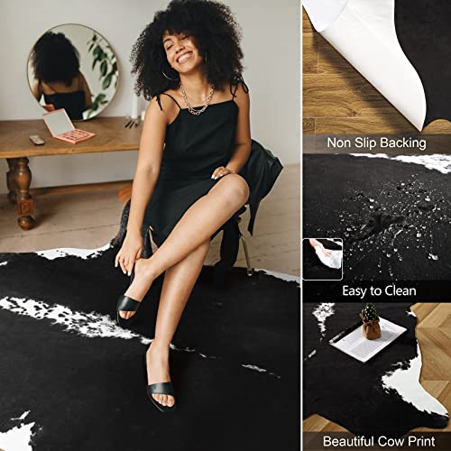 AROGAN سجادة أروغان الفاخرة من جلد البقر الصناعي 158 × 140 سم/5.2 × 4.6 قدم، متينة وكبيرة الحجم بنقشة جلد البقر، مناسبة لتزيين غرفة النوم وغرفة المعيشة بالطراز الغربي، سجادة جلد بقري صناعية، سوداء - Image 3