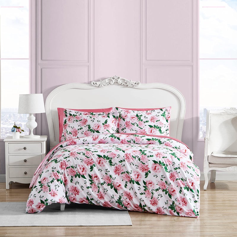Betsey Johnson Betsey Johnson  Queen Duvet Cover Set Reversible Bedding with Matching Shams Chic Bedding Set Blooming Roses Pink Queen 