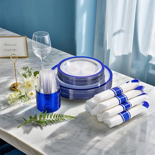 I00000 350 Pcs Dark Blue Plastic PlatesClear Disposable Plates for 50 GuestsBlue Dinnerware Include 50 Dinner Plate 50 Dessert Plate50 Cups50 Pre Rolled Napkins with Cutlery Set for PartyWedding - Image 5