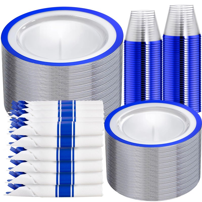 I00000 350 Pcs Dark Blue Plastic PlatesClear Disposable Plates for 50 GuestsBlue Dinnerware Include 50 Dinner Plate 50 Dessert Plate50 Cups50 Pre Rolled Napkins with Cutlery Set for PartyWedding - Image 3