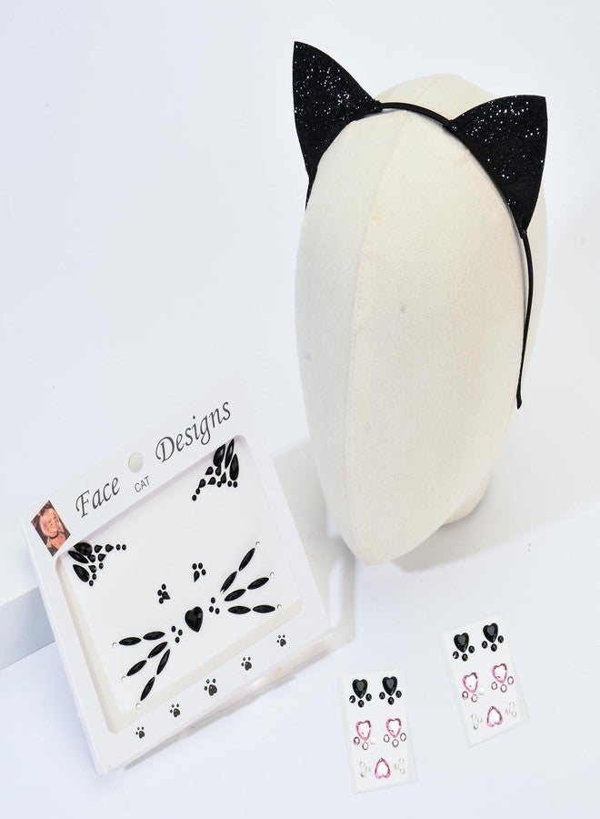 DDazzling Glitter Cat Ears Headband with Face Jewel Accessories for Halloween Animal Cosplay (Black, One Size) - Image 4