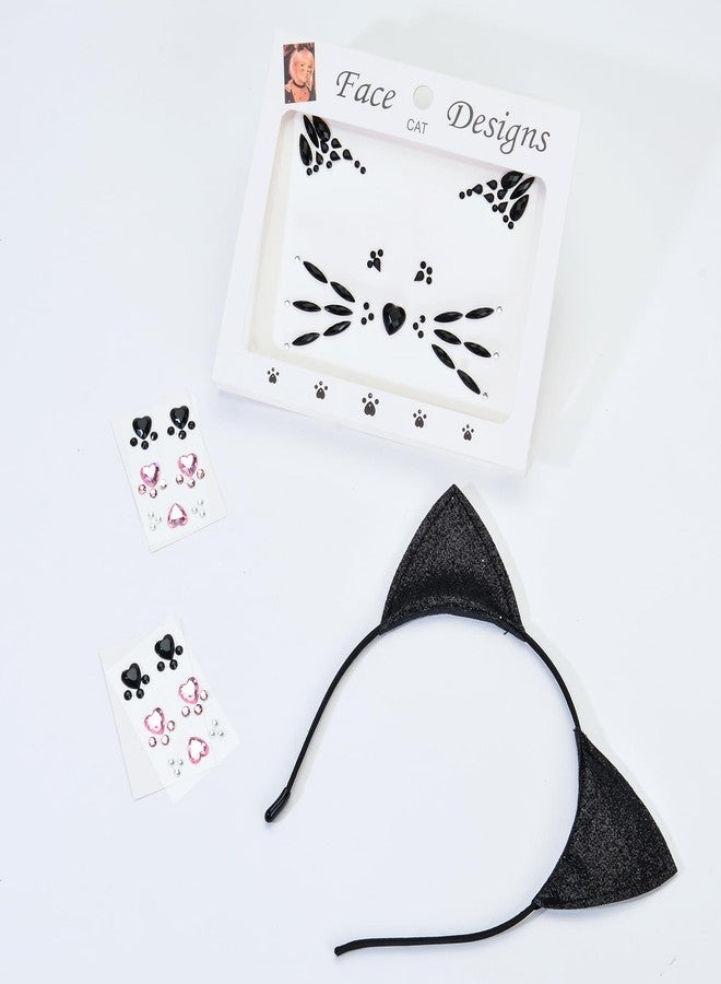 DDazzling Glitter Cat Ears Headband with Face Jewel Accessories for Halloween Animal Cosplay (Black, One Size) - Image 3