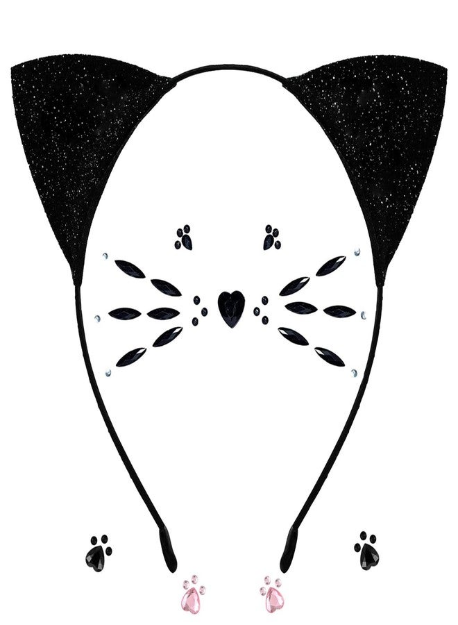 DDazzling Glitter Cat Ears Headband with Face Jewel Accessories for Halloween Animal Cosplay (Black, One Size) - Image 1