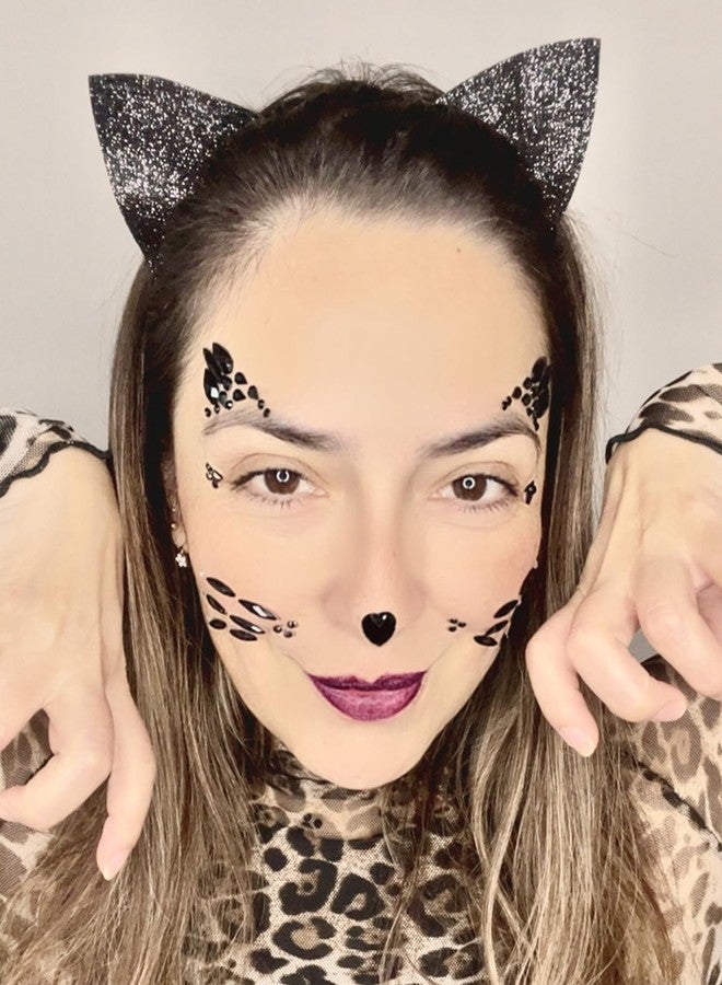 DDazzling Glitter Cat Ears Headband with Face Jewel Accessories for Halloween Animal Cosplay (Black, One Size) - Image 5